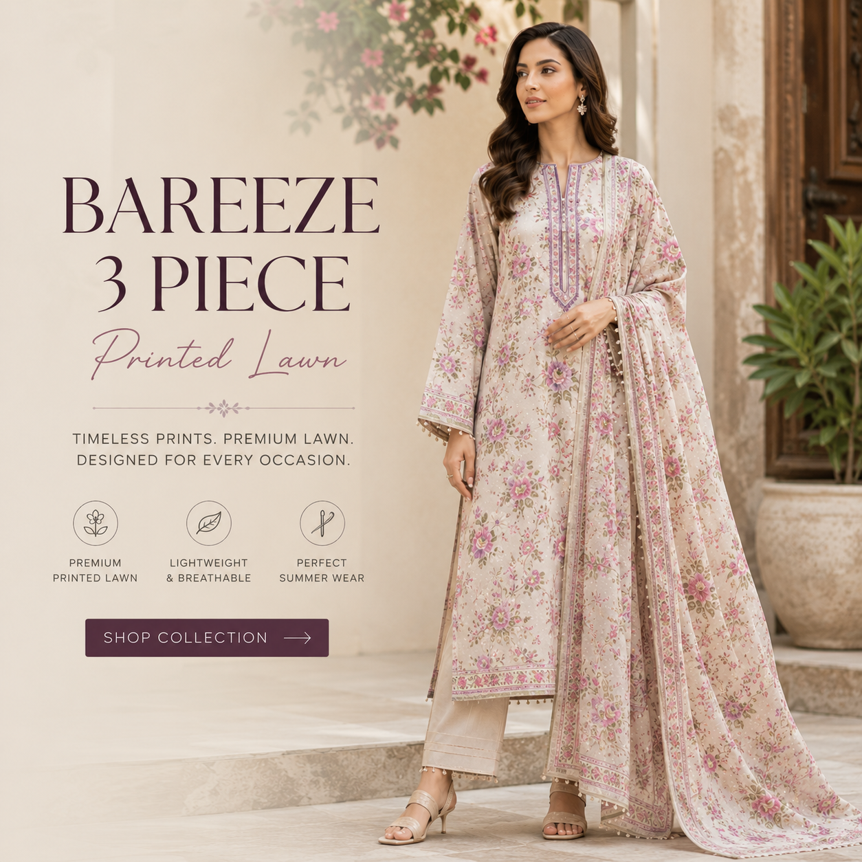 3 piece printed lawn