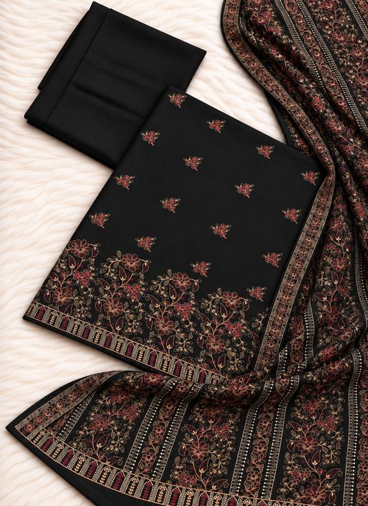 Bareeze black karandi 3 piece suit with heavy embroidered floral shawl