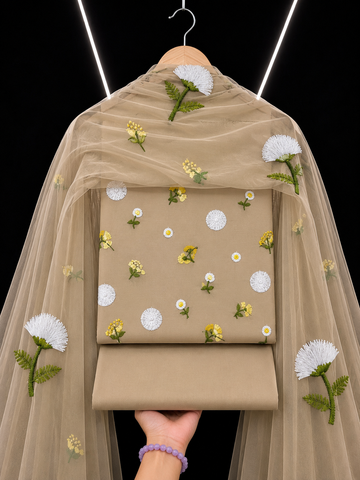 3D 3Piece Pure Lawn Embroidered Suit –  off white