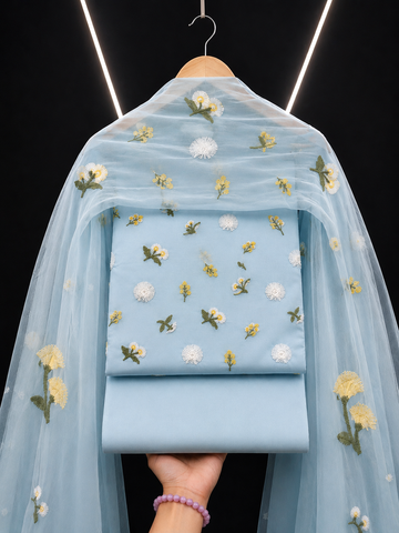 3D 3Piece Pure Lawn Embroidered Suit Light Ice Blue color