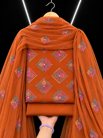 Bareeze Premium Karandi 3-Piece Allover Embroidered Suit with Chiffon Dupatta rust