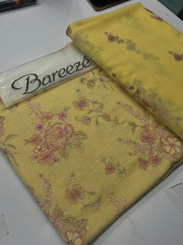 Bareeze Premium Karandi 3-Piece Allover Embroidered Suit with Chiffon Dupatta butter yellow