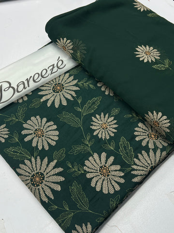 Bareeze Karandi 3 Piece Unstitched Suit with Embroidered Chiffon Dupatta botle green