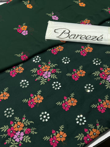 Bareeze Premium Karandi 3-Piece Allover 9mm Embroidered Suit with Chiffon Dupatta bottle green