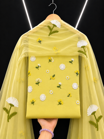 3D 3Piece Pure Lawn Embroidered Suit – Butter Yellow