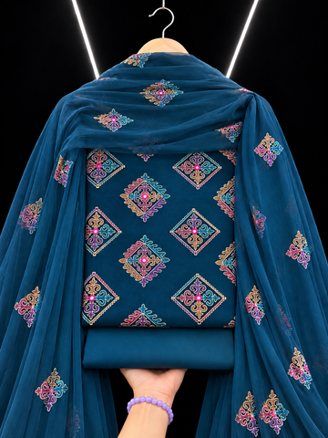 Bareeze zinc karandi 3 piece 9mm embroidered suit with chiffon dupatta