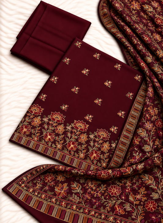 Maroon karandi 3 piece shawl suit with embroidered front and sleeve borders