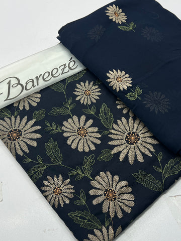 Bareeze Karandi 3 Piece Unstitched Suit with Embroidered Chiffon Dupatta navy blue