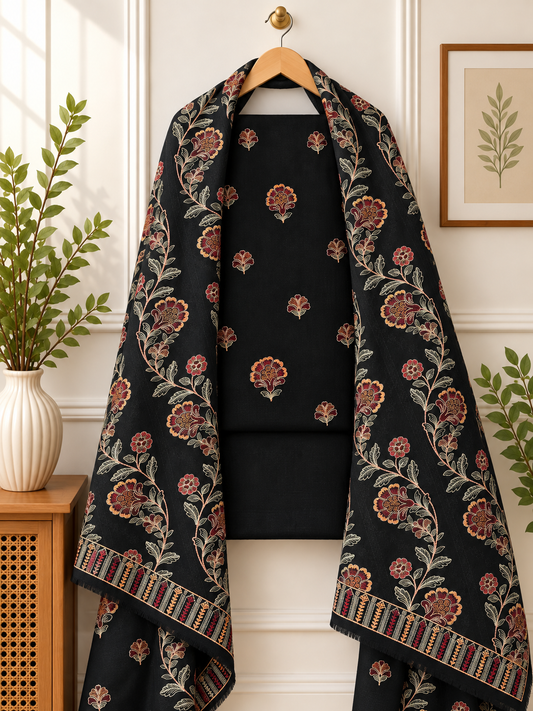 Bareeze black karandi 3 piece suit with heavy embroidered floral shawl