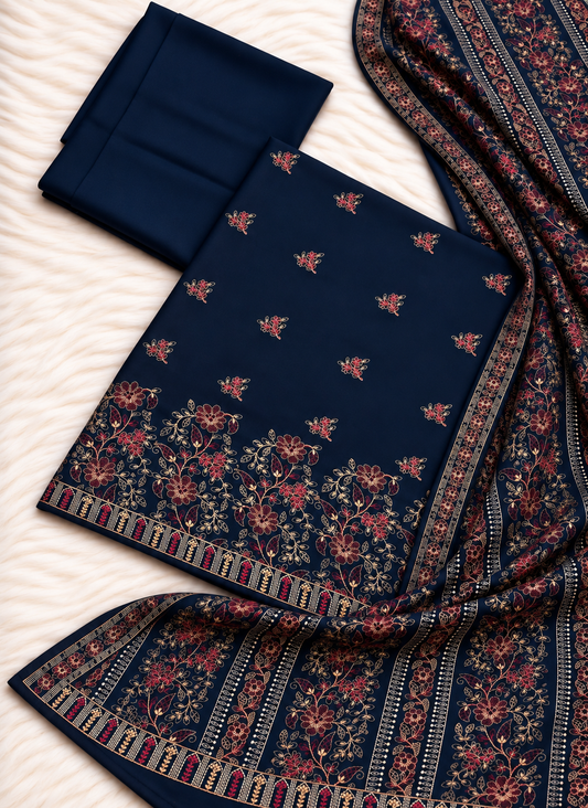 Bareeze navy blue karandi 3 piece suit with heavy embroidered floral shawl