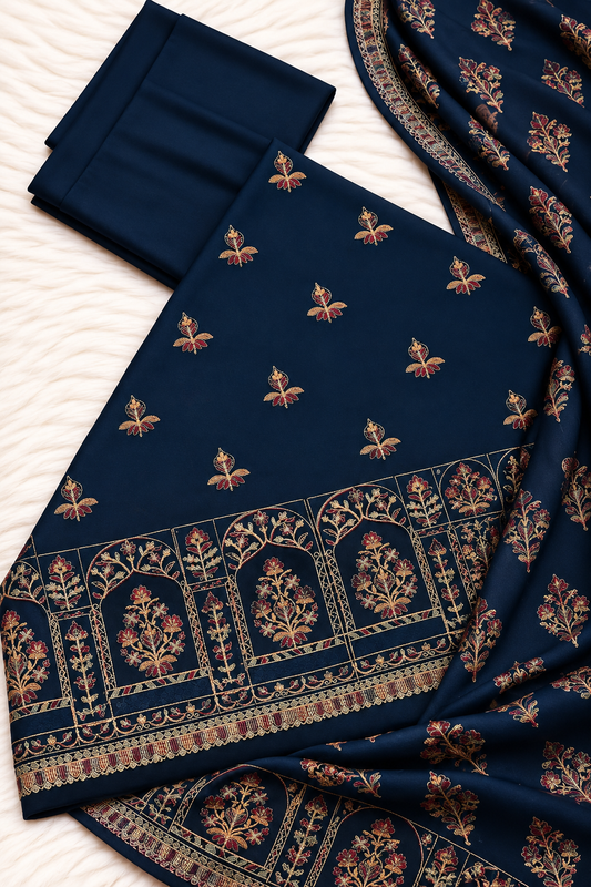 Bareeze navy blue karandi 3 piece suit with heavy embroidered floral shawl