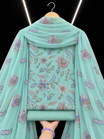 Bareeze Premium Karandi 3-Piece Allover Embroidered Suit with Chiffon Dupatta aqua