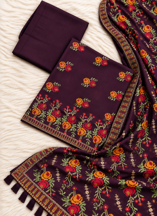 Bareeze plum karandi 3 piece suit with heavy embroidered floral shawl