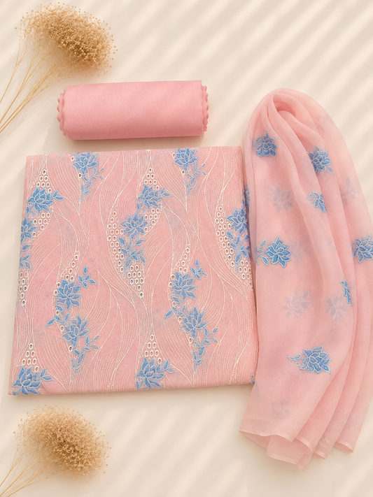 Bareeze light pink karandi 3 piece embroidered suit with chiffon dupatta