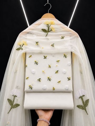 3D 3Piece Pure Lawn Embroidered Suit – off white