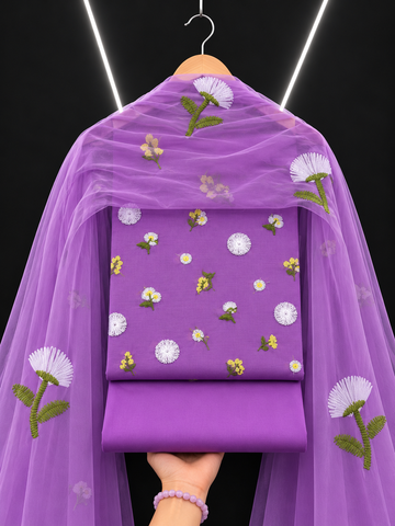 3D 3Piece Pure Lawn Embroidered Suit –  purple