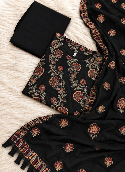 Bareeze black karandi 3 piece suit with heavy embroidered floral shawl