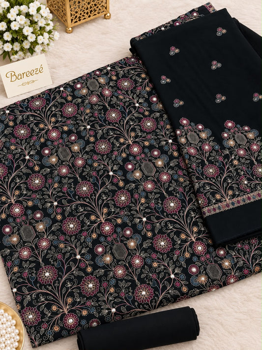 Black Karandi 3 piece heavy embroidered suit with embroidered shawl