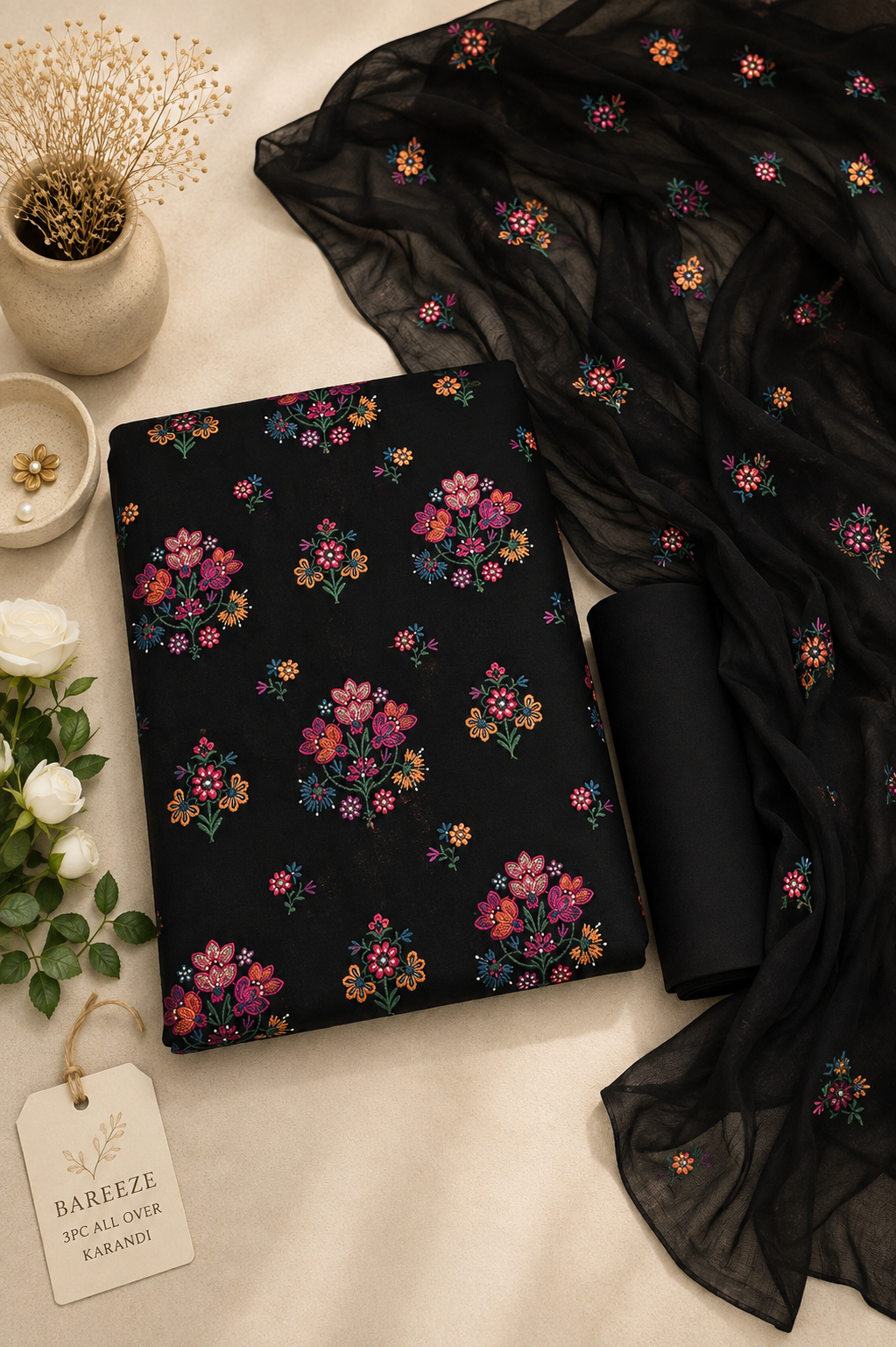 Bareeze Karandi 3 piece Black and Pink