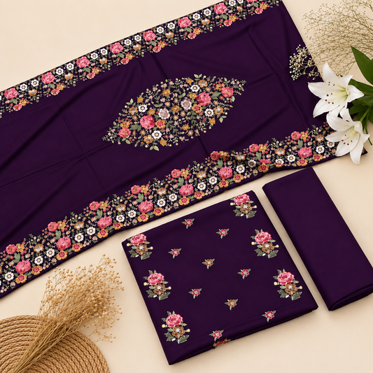 Bareeze purple karandi heavy shawl suit with embroidered front